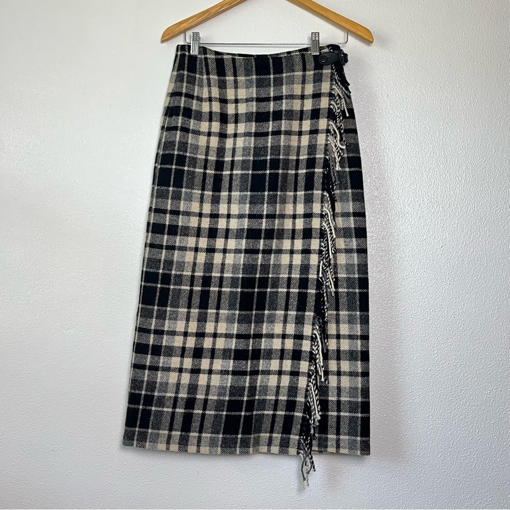 Eddie Bauer Tartan Plaid Blanket Wrap Skirt Check Wool Fringe Black Cream Tan 4
